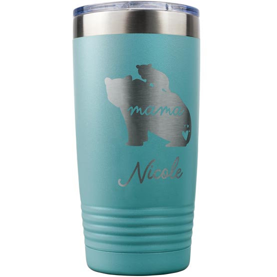 Teal 20 Ounce Stainless Steel Tumbler Laser Engraved With Mama Text Inside Mother Bear And Cub Art Above Custom Name