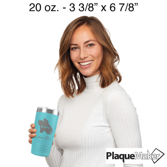Size Guide With Happy Woman Holding Teal 20 Ounce Tumbler Engraved With Name And Mama Text Inside Mother Bear And Cub Art