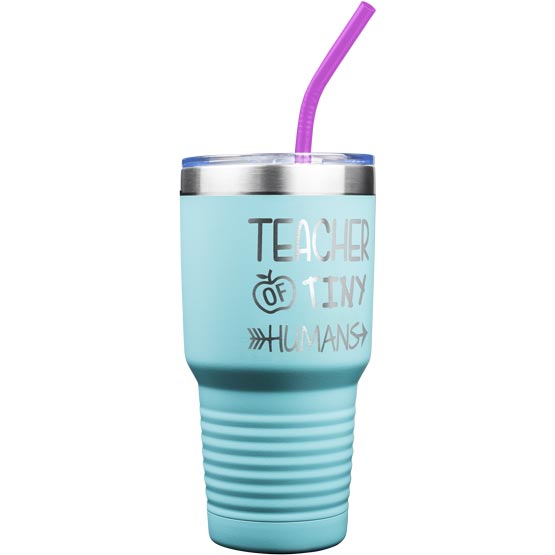 Teal 30 Ounce Stainless Steel Tumbler With Purple Straw And Laser Engraved With Teacher Of Tiny Humans Text And Apple Art