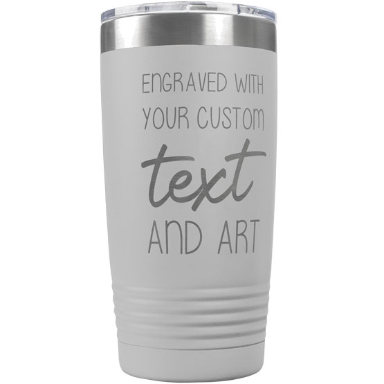 Custom White Twenty Ounce Stainless Steel Coffee Tumbler With Clear Lid And Laser Engraved To Show Customizable Areas