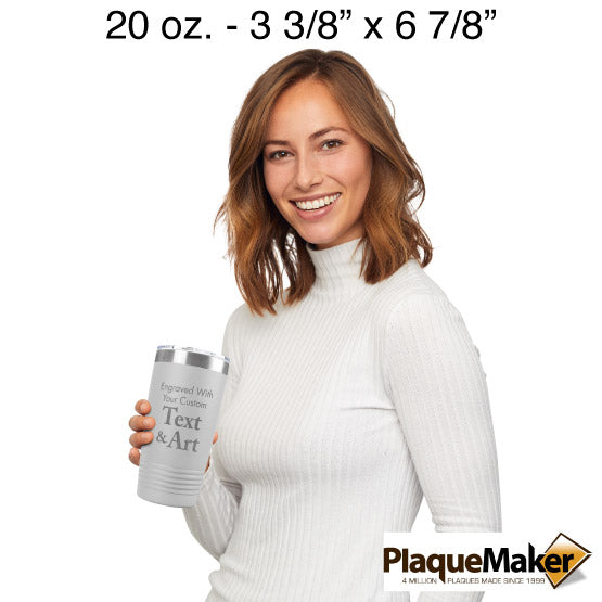 Size Guide With Happy Woman Holding White Twenty Ounce Stainless Steel Coffee Tumbler Engraved To Show Customizable Areas