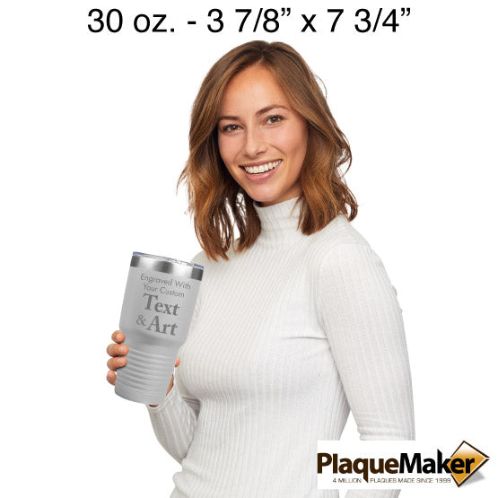 Size Guide With Happy Woman Holding White Thirty Ounce Stainless Steel Coffee Tumbler Engraved To Show Customizable Areas