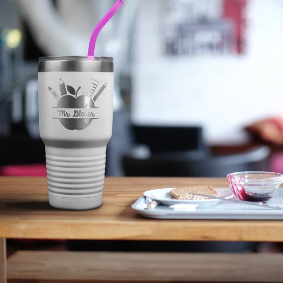 White 30 Ounce Coffee Tumbler With Purple Straw And Engraved With Name Inside Apple And School Supplies Art On Lunch Table