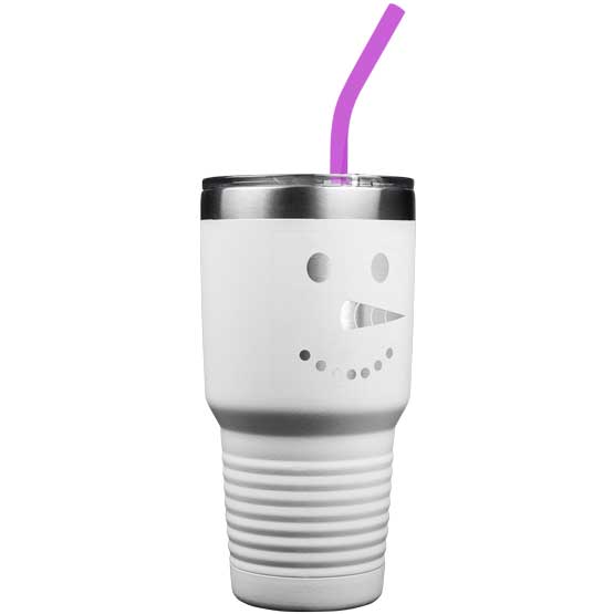 White Stainless Steel 30 Ounce Coffee Tumbler With Purple Straw And Laser Engraved With Custom Snowman Face Art