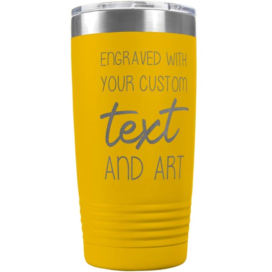 Yellow Twenty Ounce Stainless Steel Coffee Tumbler With Clear Lid And Laser Engraved To Show Customizable Areas
