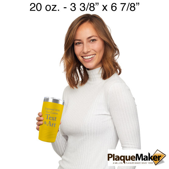 Size Guide With Happy Woman Holding Yellow Twenty Ounce Stainless Steel Coffee Tumbler Engraved To Show Customizable Areas