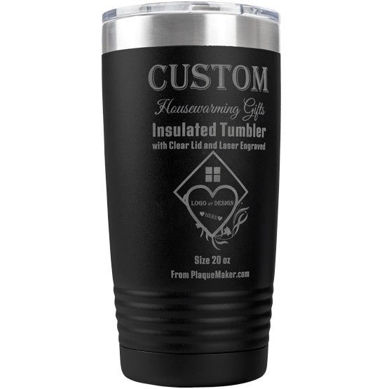 A custom black insulated tumbler with a clear lid and stainless steel rim, showing customizable laser engraved text and placeholder artwork, set on a plain white background.