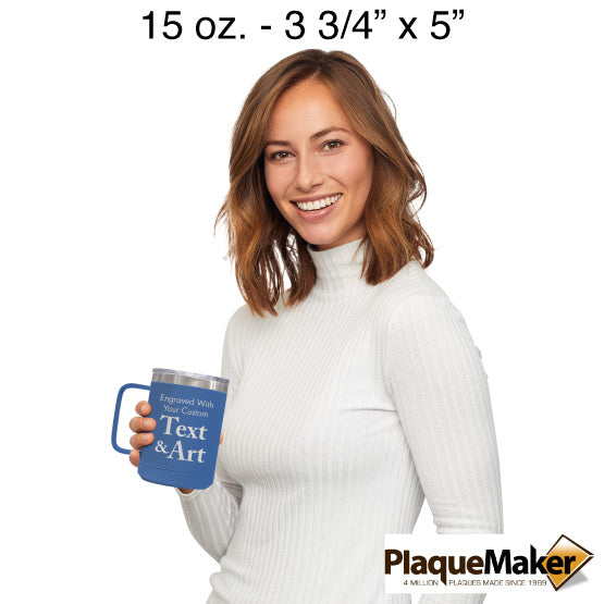 Size Guide With Happy Woman Holding Blue Stainless Steel Coffee Tumbler Mug With Handle And Showing Customizable Areas