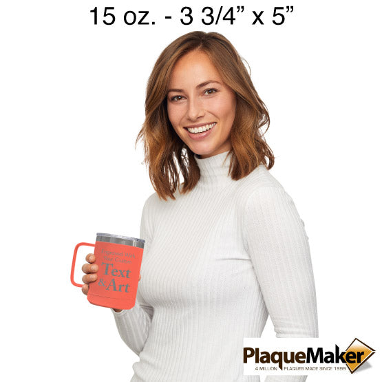 Size Guide With Happy Woman Holding Coral Stainless Steel Coffee Tumbler Mug With Handle And Showing Customizable Areas