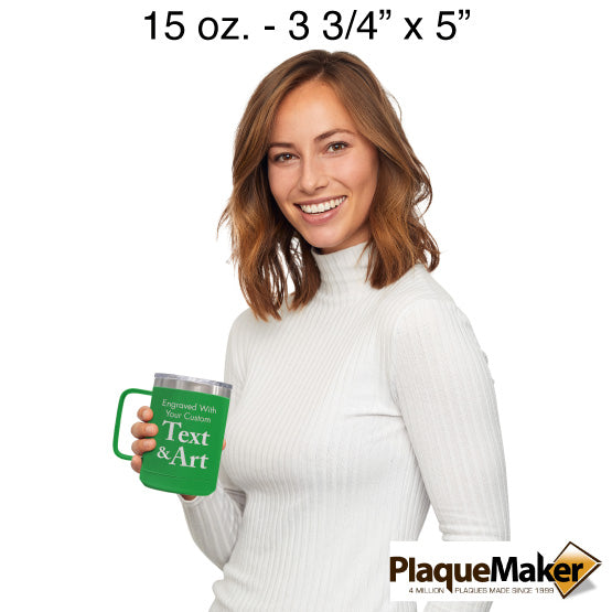 Size Guide With Happy Woman Holding Green Stainless Steel Coffee Tumbler Mug With Handle And Showing Customizable Areas