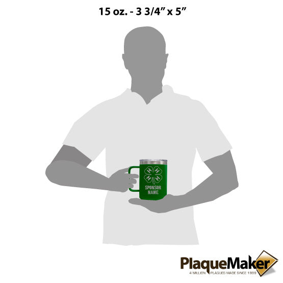 Size Guide With Blank Figure Holding Green 15 Ounce Tumbler Mug Engraved With Four Leaf Clover And Sponsor Name Text