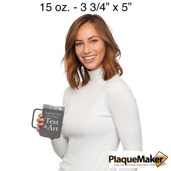 Size Guide With Happy Woman Holding Gray Stainless Steel Coffee Tumbler Mug With Handle And Showing Customizable Areas