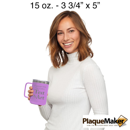 Size Guide With Happy Woman Holding Light Purple Coffee Tumbler Mug With Handle And Showing Customizable Areas