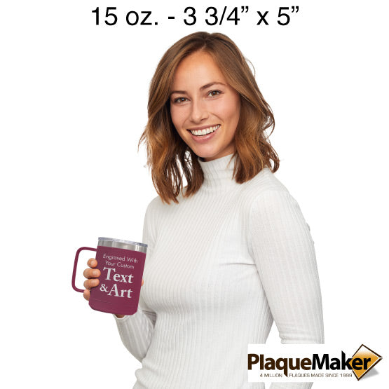 Size Guide With Happy Woman Holding Maroon Stainless Steel Coffee Tumbler Mug With Handle And Showing Customizable Areas