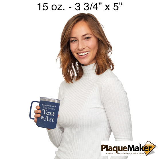 Size Guide With Happy Woman Holding Navy Blue Stainless Steel Coffee Tumbler Mug With Handle And Showing Customizable Areas