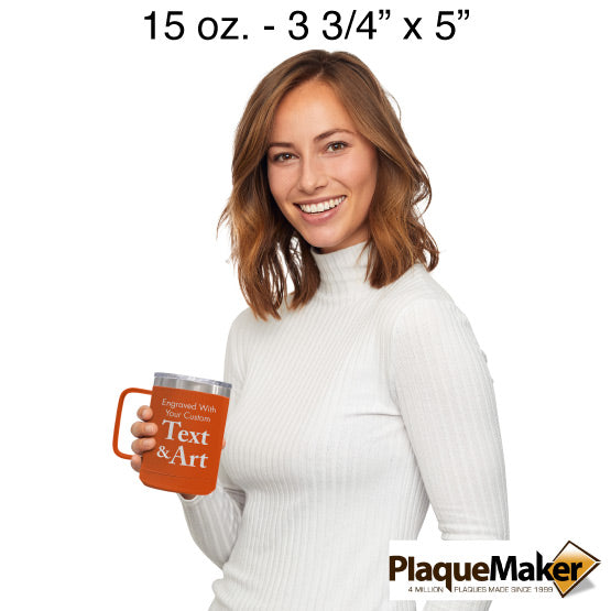 Size Guide With Happy Woman Holding Orange Stainless Steel Coffee Tumbler Mug With Handle And Showing Customizable Areas