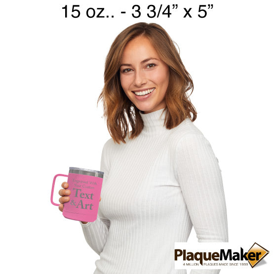 Size Guide With Happy Woman Holding Pink Stainless Steel Coffee Tumbler Mug With Handle And Showing Customizable Areas