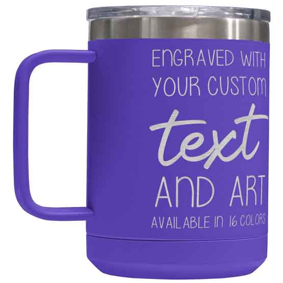 Purple Stainless Steel Coffee Tumbler Mug With Handle And Laser Engraved To Show Customizable Areas For Text And Art
