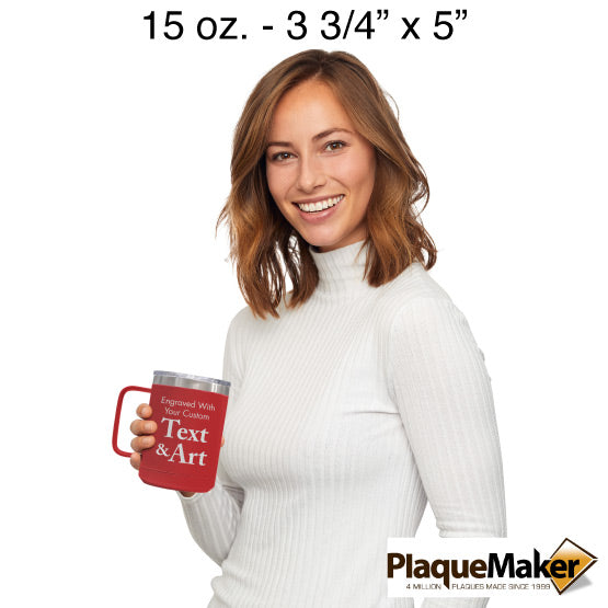 Size Guide With Happy Woman Holding Red Stainless Steel Coffee Tumbler Mug With Handle And Showing Customizable Areas