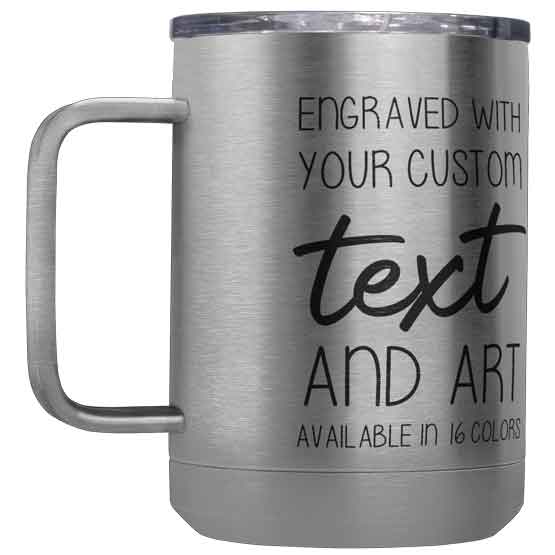 Silver Stainless Steel Coffee Tumbler Mug With Handle And Laser Engraved To Show Customizable Areas For Text And Art