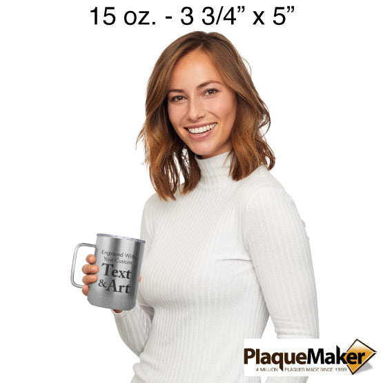 Size Guide With Happy Woman Holding Silver Stainless Steel Coffee Tumbler Mug With Handle And Showing Customizable Areas