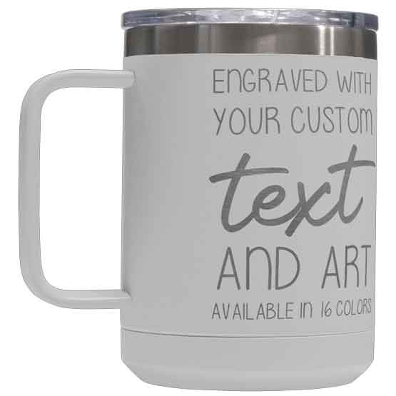 White Stainless Steel Coffee Tumbler Mug With Handle And Laser Engraved To Show Customizable Areas For Text And Art