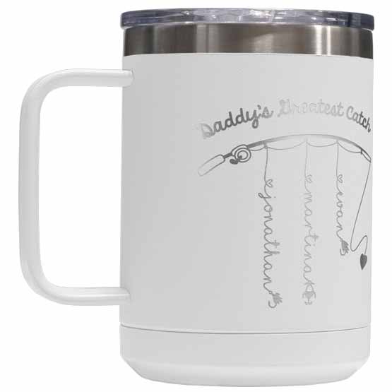 White Stainless Steel 15 Ounce Tumbler Mug Laser Engraved With Daddy’s Greatest Catch And Fishing Rod Art With Kids Names