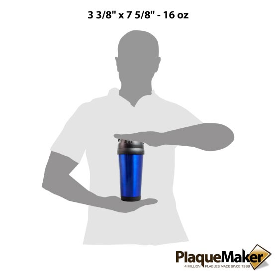 Size Guide With Blank Figure Holding Custom Blue Travel Mug With Lid Between Hands Against A White Background