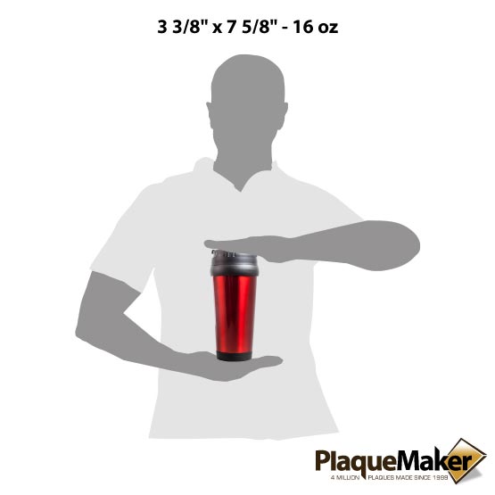 Size Guide With Blank Figure Holding Custom Red Travel Mug With Lid Between Hands Against A White Background