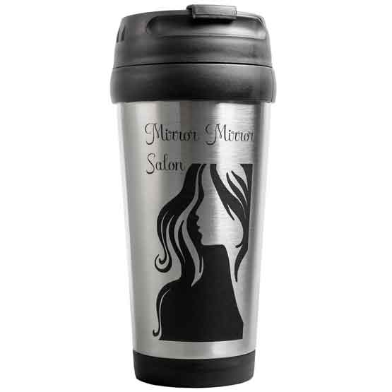 Custom Silver Travel Mug With Lid And Engraved With Mirror Mirror Salon Logo Featuring Woman With Flowing Hair