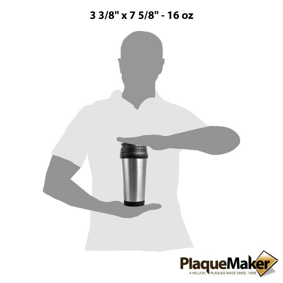 Size Guide With Blank Figure Holding Custom Silver Travel Mug With Lid Between Hands Against A White Background