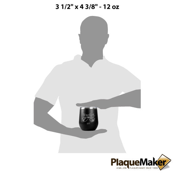 Size Guide With Blank Figure Holding Black 12 Ounce Stemless Wine Tumbler Engraved With Shades And Teacher Off Duty And Name