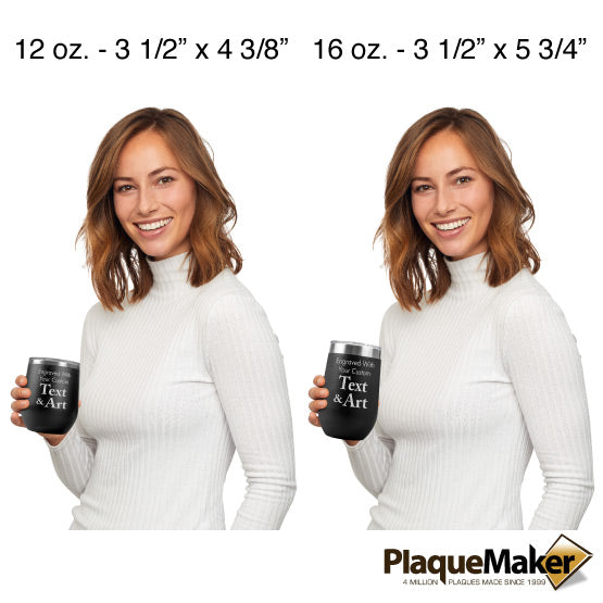 Size Guide With Woman Holding Two Different Sizes Of Black Stemless Wine Tumbler Engraved To Show Customizable Areas
