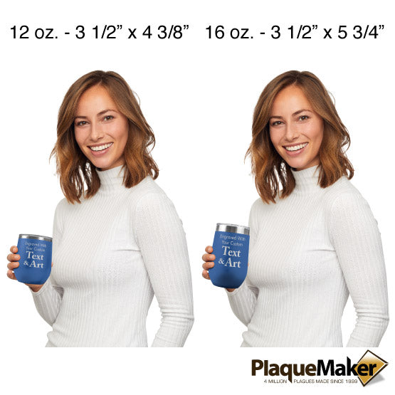 Size Guide With Woman Holding Two Different Sizes Of Blue Stemless Wine Tumbler Engraved To Show Customizable Areas