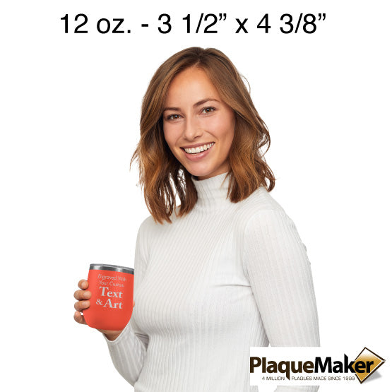 Size Guide With Woman Holding Two Different Sizes Of Coral Stemless Wine Tumbler Engraved To Show Customizable Areas