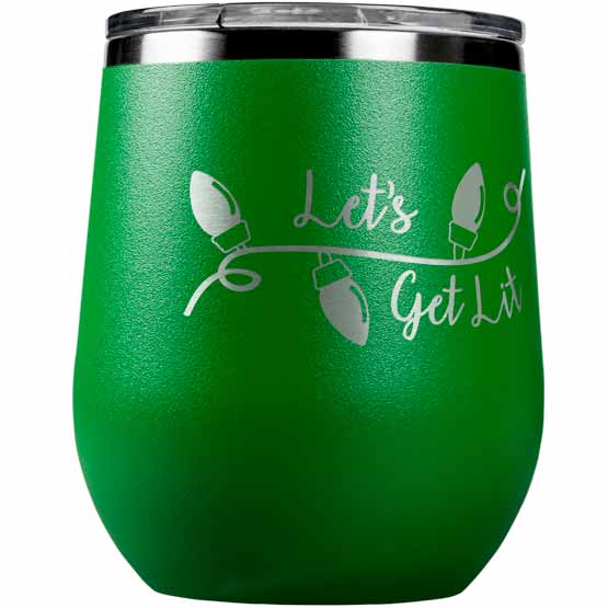 Green Stainless Steel 12 Ounce Stemless Wine Tumbler Laser Engraved With Christmas Lights Art And Let’s Get Lit Text