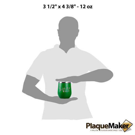 Size Guide With Blank Figure Holding Green 12 Ounce Stemless Wine Tumbler Engraved With Christmas Lights And Let’s Get Lit
