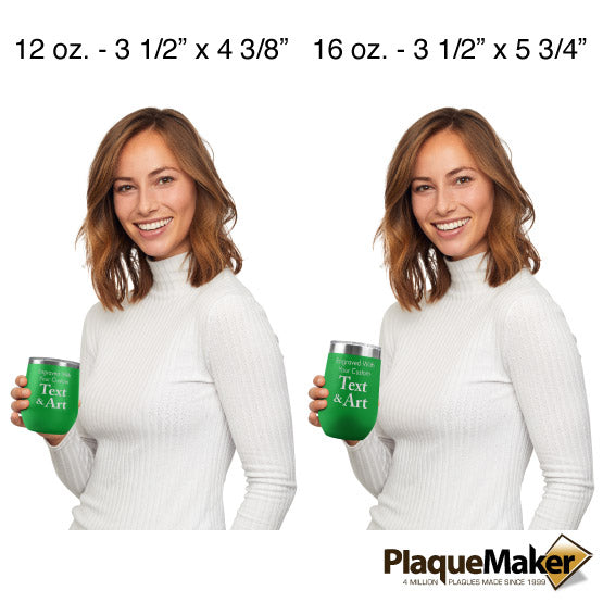 Size Guide With Woman Holding Two Different Sizes Of Green Stemless Wine Tumbler Engraved To Show Customizable Areas