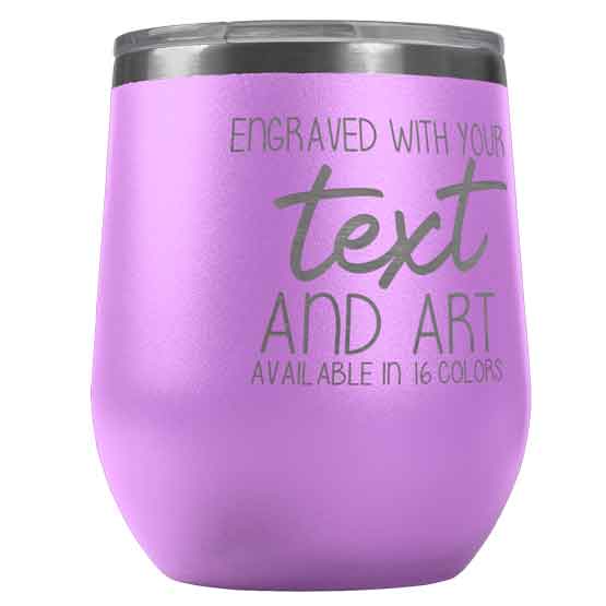 Light Purple Stemless Wine Tumbler Laser Engraved To Show Customizable Areas For Text And Art Against White Background