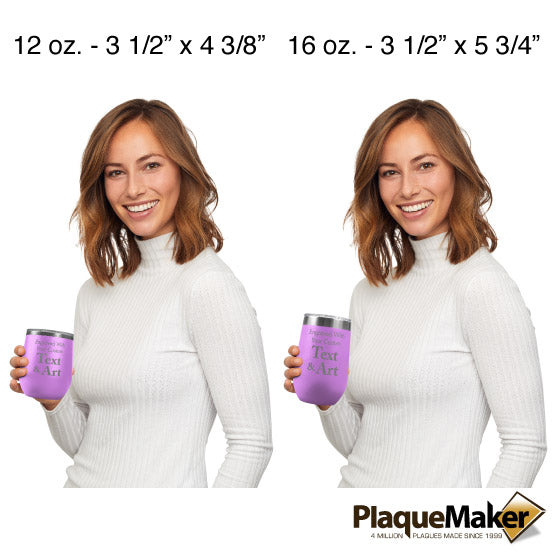 Size Guide With Woman Holding Two Different Sizes Of Light Purple Stemless Wine Tumbler Engraved To Show Customizable Areas