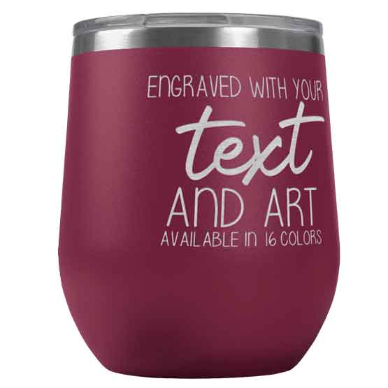 Maroon Stemless Wine Tumbler Laser Engraved To Show Customizable Areas For Text And Art Against White Background