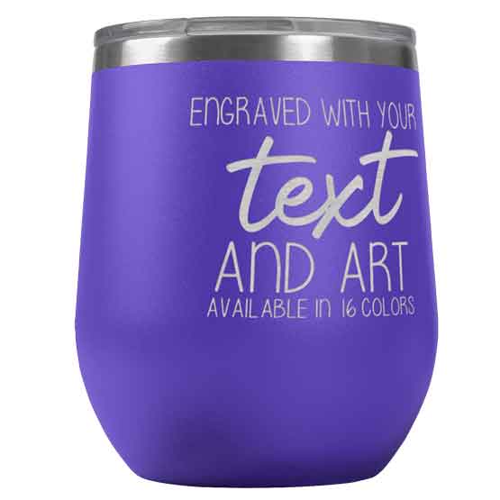 Purple Stemless Wine Tumbler Laser Engraved To Show Customizable Areas For Text And Art Against White Background