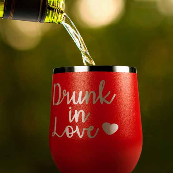 Bottle Pouring Wine Into Red Stainless Steel 12 Ounce Stemless Wine Tumbler Laser Engraved With Heart And Drunk In Love Text