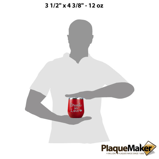 Size Guide With Blank Figure Holding Red 12 Ounce Stemless Wine Tumbler Laser Engraved With Heart Art And Drunk In Love Text