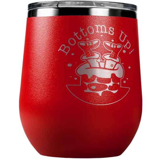 Red Stainless Steel 12 Ounce Stemless Wine Tumbler Laser Engraved With Bottoms Up Text And Santa Diving Down Chimney Art