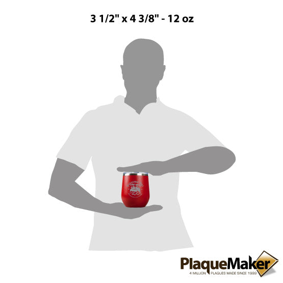 Size Guide With Blank Figure Holding Red 12 Ounce Stemless Wine Tumbler Engraved With Bottoms Up Text And Santa In Chimney