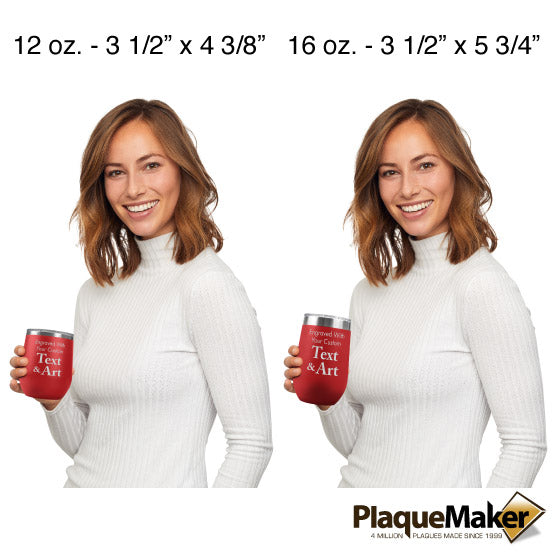 Size Guide With Woman Holding Two Different Sizes Of Red Stemless Wine Tumbler Engraved To Show Customizable Areas