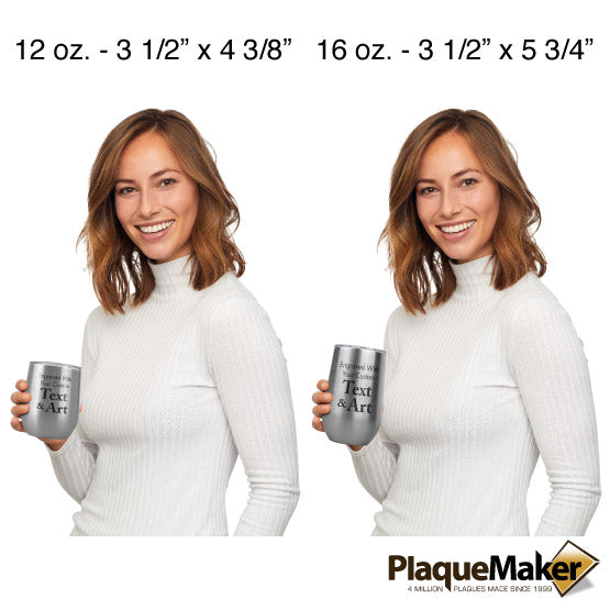 Size Guide With Woman Holding Two Different Sizes Of Silver Stemless Wine Tumbler Engraved To Show Customizable Areas