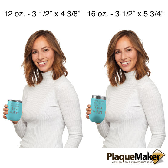 Size Guide With Woman Holding Two Different Sizes Of Teal Stemless Wine Tumbler Engraved To Show Customizable Areas