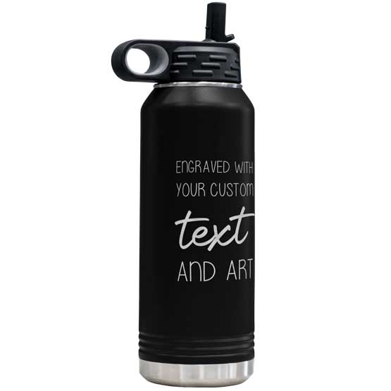 Black Thirty Two Ounce Stainless Steel Water Bottle With Straw And Engraved To Show Customizable Areas For Text And Art